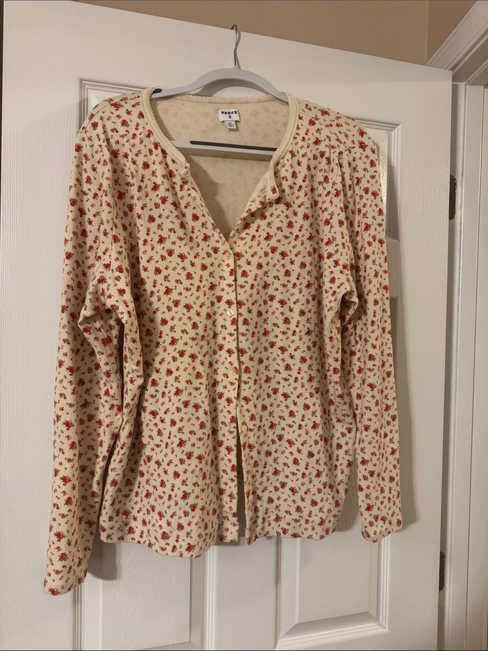 Parke for Target Cream Cardigan with Tiny Red Floral Print